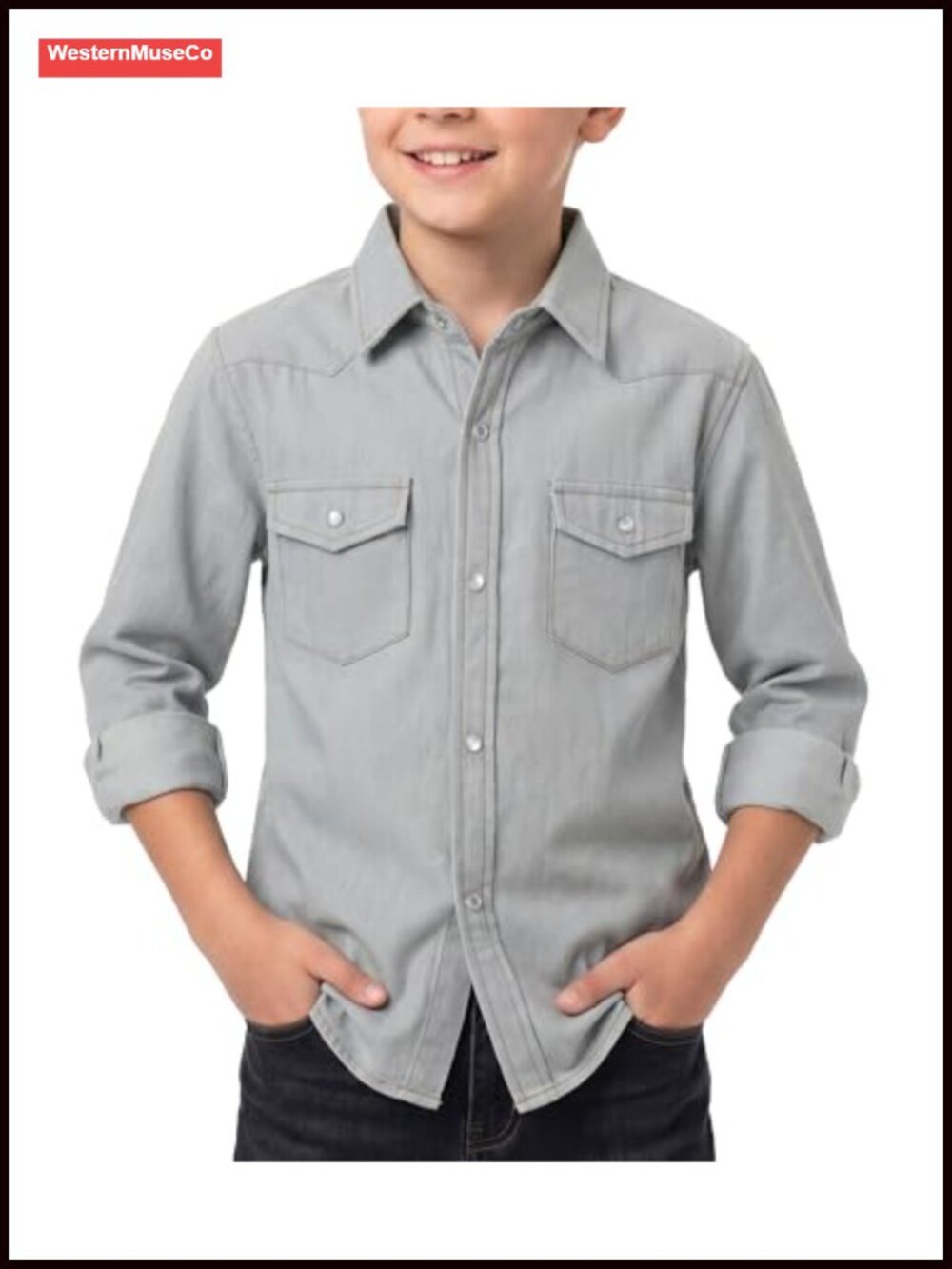 Boys Denim Button Down Western Pearl Snap Shirt Long Sleeve Flap Pockets